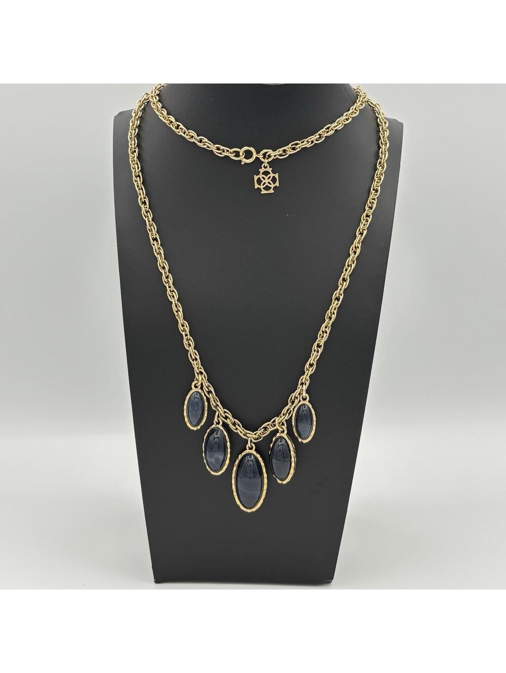 Ann Taylor Gold-Tone Midnight Navy Cabochon Drop Statement Necklace 35.5"